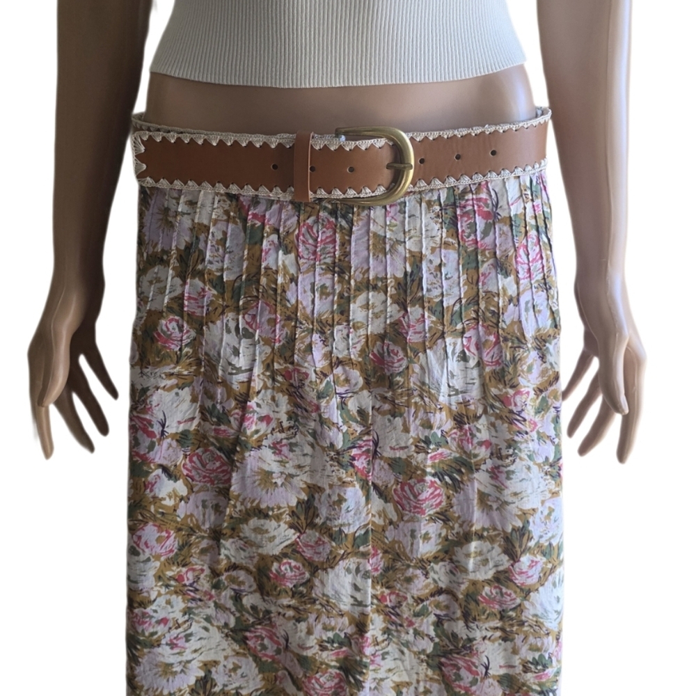 90s Style Floral A-Line Midi Skirt Pink & Olive Cabbage Roses 32" Waist - Picture 9 of 10